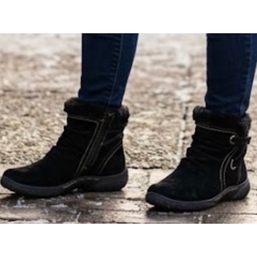 Liz & Co‎ Black Suede Leather Ankle Booties Faux Fur Trim Side Zip Size 8.5M